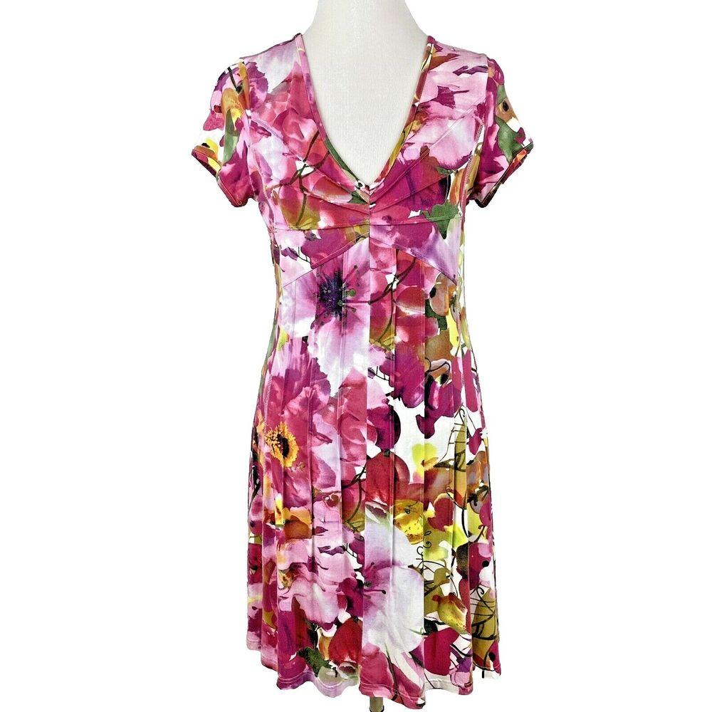Dolce Vita Dress Womens 38 Floral Print Short Sleeve V-Neck Stretch Pintuck Pink